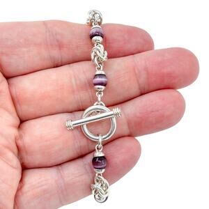 Taxco Mexico Purple Cat's Eye Sterling Silver Byzantine Knot Bracelet 7.5"
